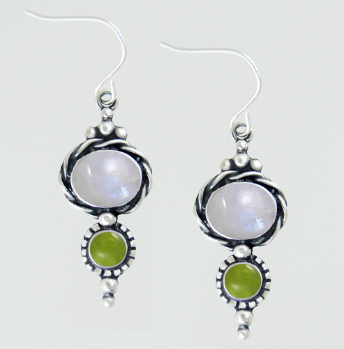 Sterling Silver Drop Dangle Earrings With Rainbow Moonstone And Peridot